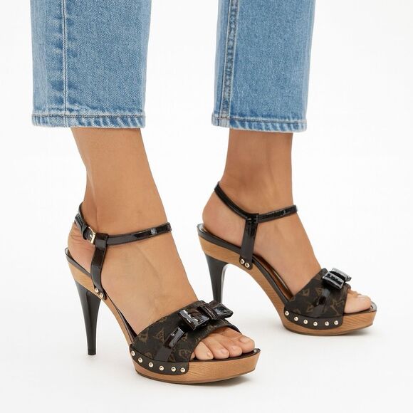 LOUIS VUITTON Idylle Monogram Platform Pumps Size 38 Peep Toe Patent Bow Brown - Picture 2 of 16